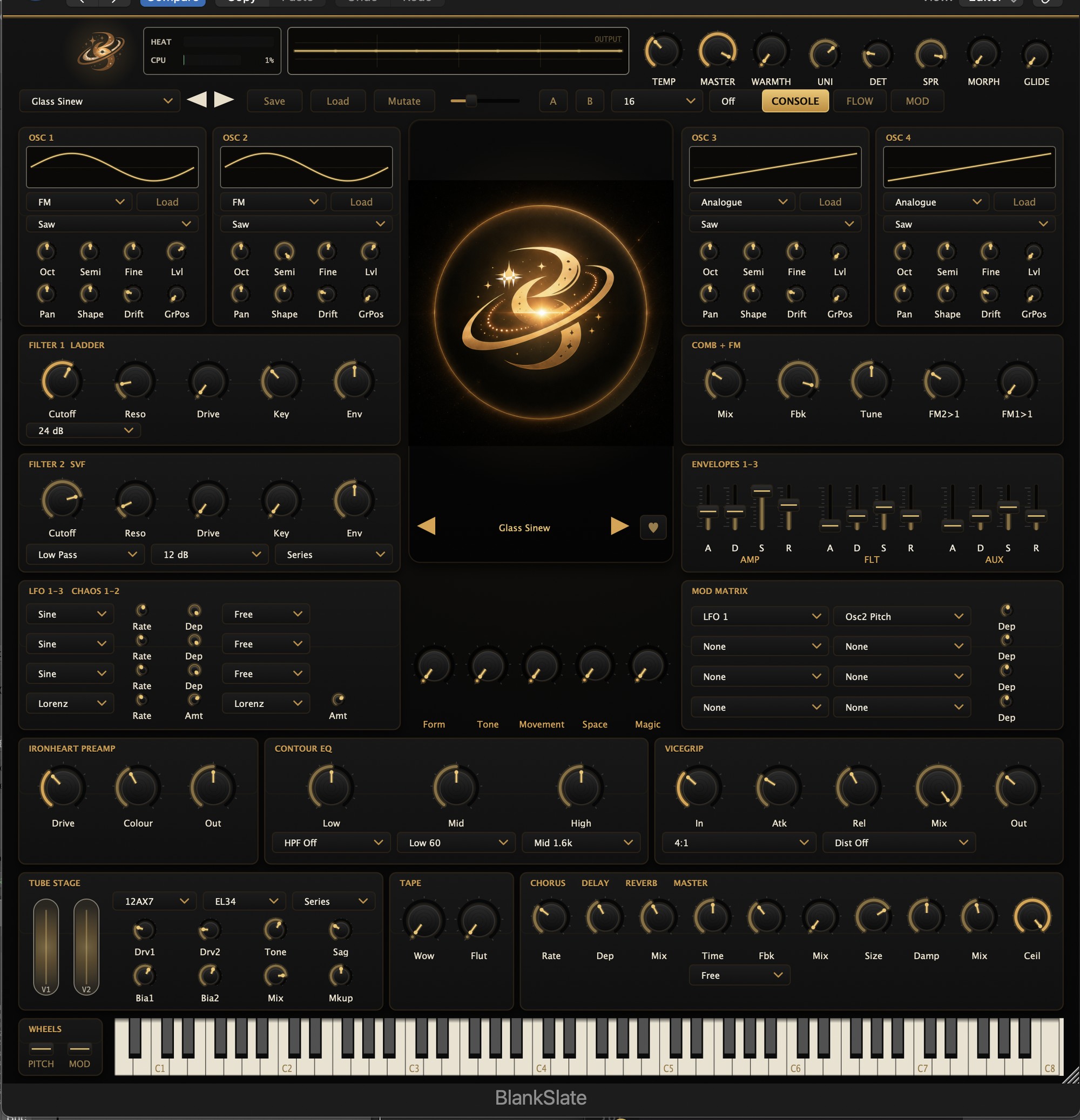 The BlankSlate console — the full front panel showing four oscillators, dual filters, the modulation section and the built-in analogue outboard chain.